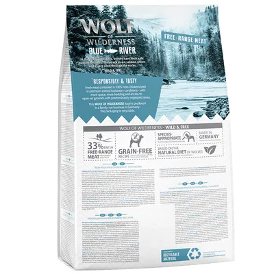 Wolf of Wilderness Blue River tørfoder med 33% frisk fritgående kyllingekød, kornfri, passende til arten, produceret i Tyskland, baseret på ulves naturlige kost.
