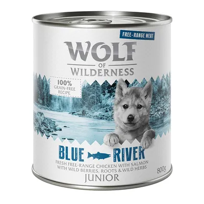 Wolf of Wilderness Junior Blue River, conservă 800g. Rețetă: pui de crescătorie proaspăt cu somon, fructe de pădure, rădăcini și ierburi. 100% fără cereale.