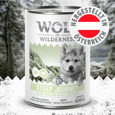 Wolf of Wilderness Steep Journey, frisches Geflügel und Lamm, mit Wildbeeren, Wurzeln und Kräutern, 100% getreidefrei, Junior, 400g. Hergestellt in Österreich.