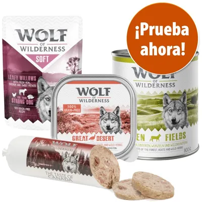 Variedad de comida para perros Wolf of Wilderness: Leafy Willows, Great Desert, Green Fields y The Taste of Canada. Texto destacado: ¡Prueba ahora!
