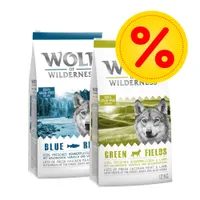 Blandat dubbelpack: 2 x 12 kg Wolf of Wilderness hundmat - Sunny Glade + Blue River