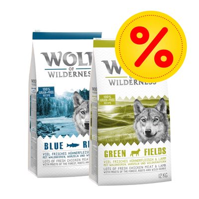 Blandat dubbelpack: 2 x 12 kg Wolf of Wilderness hundmat Sunny Glade + Blue River