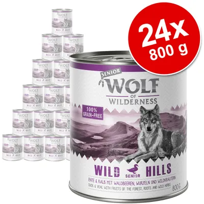 Wolf of Wilderness Senior Wild Hills, 24x800g, Ente & Kalb mit Waldbeeren, Wurzeln und Wildkräutern, 100% grain-free.
