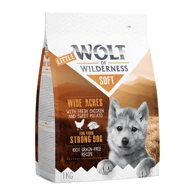 Little Wolf of Wilderness Soft Wide Acres med frisk kylling og sød kartoffel, for your strong dog, 100% grain-free recipe, 1 kg. Tekst på engelsk.