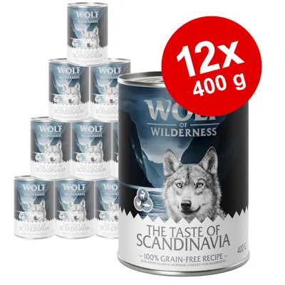 Wolf of Wilderness The Taste of Scandinavia, 12x400 g dåser. Tekst: 100% grain-free recipe, with fresh salmon, reindeer, chicken and blueberries. Synlige dåser stablet i baggrunden.