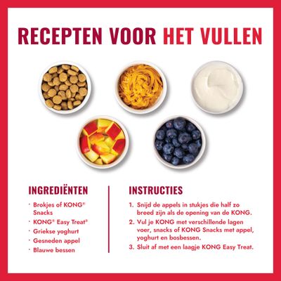 Receptinstructie voor het vullen van een KONG: ingrediëntenlijst met snacks, Easy Treat, Griekse yoghurt, stukjes appel en bosbessen, evenals stapsgewijze instructies.