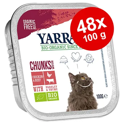 Yarrah BIO-ORGANIC kattefoder, 48x100 g. Chunks with chicken & beef, with parsley & thyme, grain free recipe, bio organic. Billede af kat på emballagen. Yarrah BIO-ORGANIC kattefoder, 48x100 g. Chunks with chicken & beef, with parsley & thyme, grain free recipe, bio organic. Billede af kat på emballagen.