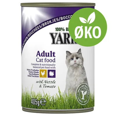 Yarrah Adult Cat food, 100% BIO/NATURAL, 405 g. ØKO-mærke synligt. Indeholder kylling og kalkun, med brændenælde og tomat. Billede af kat på dåsen.