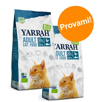 Yarrah Adult Cat Food BIO, proteine 30%, grassi 13%, immagine di gatto arancione, etichetta verde biologico, scritta arancione 'Provami!'