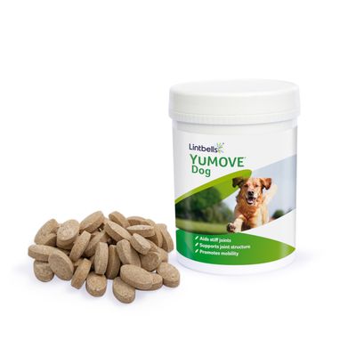 Lintbells YUMOVE Dog -ravintolisä koirille, purkki ja ruskeita tabletteja. Etiketissä tekstit: aids stiff joints, supports joint structure, promotes mobility.