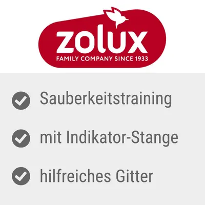 zolux FAMILY COMPANY SINCE 1933. Texte en allemand : Sauberkeitstraining, mit Indikator-Stange, hilfreiches Gitter.