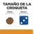 Tamaño de la croqueta: imagen comparativa con una croqueta de 11 mm y un dado azul de 16 mm. Texto visible: 'TAMAÑO DE LA CROQUETA', '11 mm', '16 mm'.