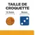 Taille de croquette : diamètre 12,5 mm comparé à un dé bleu de 16 mm. Texte visible : TAILLE DE CROQUETTE, 12.5 mm, 16 mm.