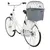 Vélo blanc avec panier de transport gris en plastique et grille métallique noire fixé sur le porte-bagages arrière, adapté pour transporter un animal ou des objets.