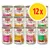 12 lattine Animonda Carny Adult per gatti, vari gusti visibili: Multifleisch-Cocktail, Rind Huhn + Entenherzen, Rind Pute + Shrimps, Rind Pute + Kaninchen. Gatto illustrato su ogni lattina.