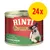 Confezione da 24 lattine Rinti Gold Senior, visibile scritta 'KANINCHEN getreidefrei', immagine di un cane sulla confezione. Testo in tedesco.