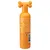 Flacone arancione con tappo a forma di osso, testo visibile in inglese: 'Never tested on animals', simboli di limone, zampa, aloe vera, scritta 'Made in the USA'.