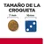 Tamaño de la croqueta: imagen comparativa con una croqueta de 7 mm y un dado azul de 16 mm. Texto visible: 'TAMAÑO DE LA CROQUETA', '7 mm', '16 mm'.