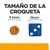 Tamaño de la croqueta: diámetro 9,5 mm comparado con un dado azul de 16 mm. Texto visible: 'TAMAÑO DE LA CROQUETA', '9.5 mm', '16 mm'.