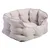 Round, padded pet bed in light grey fabric look with raised edge.