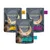 Drie encore kattenvoerzakjes 50g: 2x Chicken Breast, 2x Chicken Breast Duck, 1x Chicken Breast Tuna. Op elk zakje staat een kat en de tekst '100% natural ingredients'.