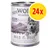 Pack of 24 cans, each 400g, labelled 100% grain-free. Duck and veal with fruits of the forest, roots and wild herbs. Product name: Wild Hills Junior.