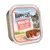 Happy Cat Minkas Duo ave y salmón. Trozos sobre paté, comida para gatos en bandeja con imagen de gato y producto servido.