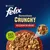 Purina Felix Sensations Crunchy Selezioni Deliziose, senza coloranti. Immagine di crocchette e bocconcini su piatto rosso con dettaglio ingrandito.