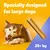 Specifically developed for large dogs, from 25 kg. Pictured is a chew snack and a large dog chewing.