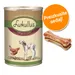 Konzerva Lukullus Geflügel & Lamm 400 g, slika piščanca in jagnjeta na embalaži. Ob strani dve pasji žvečilni kosti in oranžen krog z besedilom: Preizkusite sedaj!