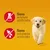 Sans arômes artificiels. Sans colorants artificiels. Texte en français avec pictogrammes et chiot visible à droite sur fond jaune.