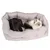 Dog and cat lying together in a grey, padded pet bed.