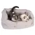 Two cats sitting in a light grey, padded pet bed with raised edge.