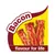 Bacon. Flavour for life. Bild von drei gebratenen Bacon-Streifen auf gelbem Hintergrund.