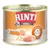 Konzerva Rinti Sensible, 100 % Huhn, glutenfrei, pre citlivé psy, s ryžou, iba 1 živočíšny proteín. Viditeľné kúsky kuracieho mäsa a ryže na etikete.