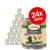 Lukullus Veal & turkey with sweet potato, pear and linseed oil, Senior, 24 x 800g tins. Large red circle shows '24x 800g'. Extra green-lipped mussel noted on label.