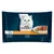 Pachet Purina Gourmet Perle, 4x85g, cu imagine de pisică albă și farfurie cu fâșii în sos. Text vizibil: mit Truthahn, mit Ente, mit Lamm, mit Thunfisch.