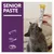 GimCat Senior Paste Age 7+, tube de 50 g pour chats âgés, présenté avec un chat gris. Texte visible : SENIOR PASTE. Illustrations d’un tube, d’une main et d’une gamelle.