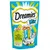 Dreamies Mix treats with salmon and tuna flavours, soft inside and crunchy outside. Contains vitamins, minerals, only 2 kcal per treat. Packaging shows fish and a playful animal illustration.