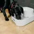 Zwarte hond drinkt uit een witte drinkfontein met het opschrift 'Closer Pets'.