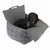 Grey dog bed with checked pattern and soft cushions, dachshund sitting inside.