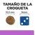 Comparativa de tamaño: croqueta redonda de 10,5 mm junto a un dado azul de 16 mm. Texto: 'Tamaño de la croqueta'.