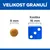 Velikost granulí: granule 9 mm vedle modré kostky 16 mm pro porovnání velikosti. Text: Velikost granulí, 9 mm, Kostka 16 mm.