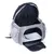 Sac de transport gris pour animaux, ouvert, avec poches latérales zippées, intérieur noir, coussin blanc amovible et laisse courte attachée à l’intérieur.