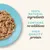100% natural ingredients, contains no additives, high quality protein – tekst w języku angielskim widoczny obok porcji karmy na niebieskim talerzu.