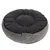 Coussin rond pour animal, dessus en tissu noir lisse, bordure en tissu gris à texture pelucheuse, fermeture éclair visible sur le côté.