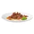Shredded meat in gravy served on a white plate with a sprig of mint garnish, no visible packaging or branding