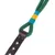Guinzaglio verde per cani in corda intrecciata con accenti giallo-blu e manico in pelle marrone con borchie metalliche.