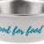 Metal food bowl with white exterior and turquoise "good for food" lettering.