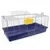 Small animal cage with blue plastic base, metal grid, yellow food bowl and access door with ladder.